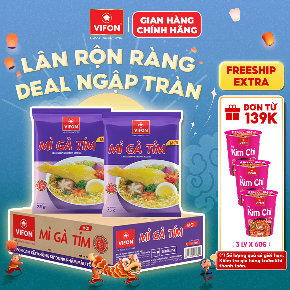 [VOUCHER HOT 10%] Thùng 30 Gói Mì Gà Tím VIFON - Sa Tế Thơm Nồng, Đậm Đà Thơm Ngon 75g/Gói