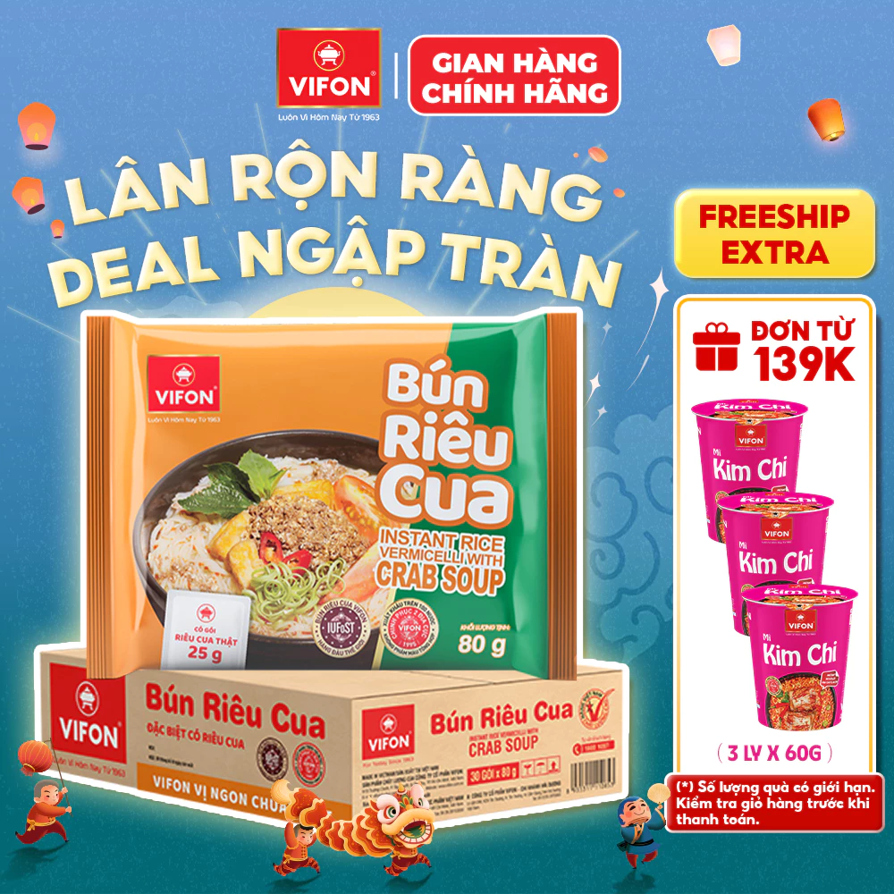 [VOUCHER HOT 10%] Thùng 30 Gói Bún Riêu Cua VIFON 80g Có Gói Riêu Cua Thật Sợi Bún Dai Mềm