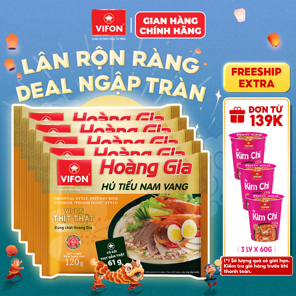 Set 5 gói Hoàng Gia Bún bò Huế/Bánh đa cua/Phở bò/Phở gà/Hủ tiếu nam vang/Miến thịt bằm/Miến cua VIFON