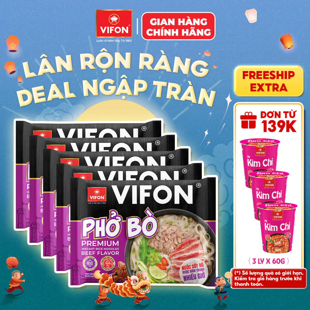 [VOUCHER HOT 10%] Set 5 Gói Phở Có Gói Sốt Thịt Bò/Gà VIFON - Thịt Thật Đậm Đà, Tiện Lợi, 75g