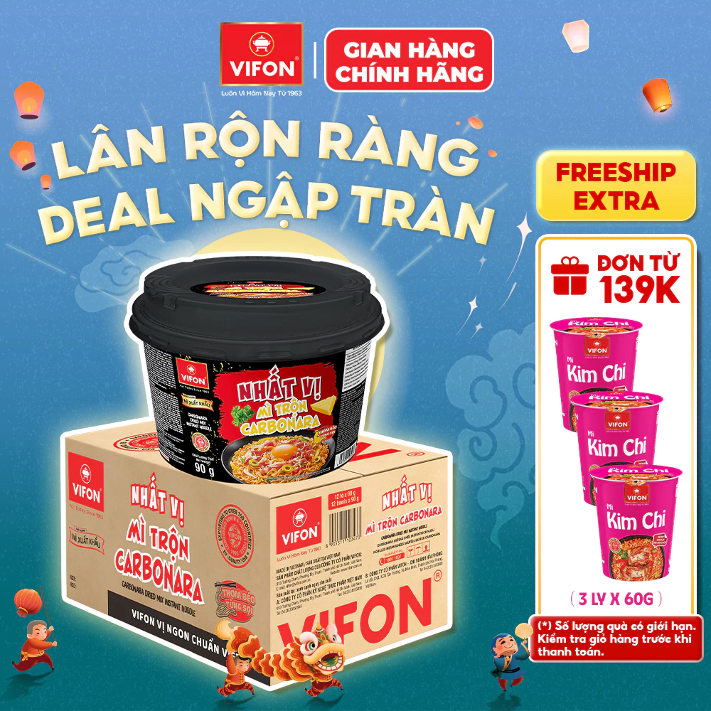 [SALE 70%] Thùng 12 Tô Mì Trộn Hải Sản/ Spaghetti/ Nhất Vị Carbonara/ Nhất Vị Gà Phô Mai Cay VIFON Tiện Lợi