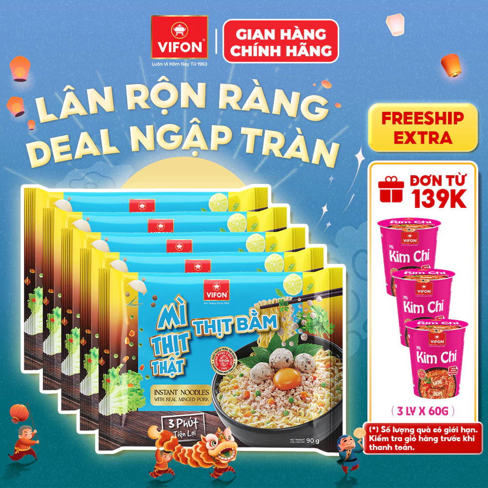 [VOUCHER HOT 10%] Set 5 Gói Mì Thịt Thật Thịt Bằm/Bò Cay/Riêu Cua VIFON - Thơm Ngon, 90g/Gói