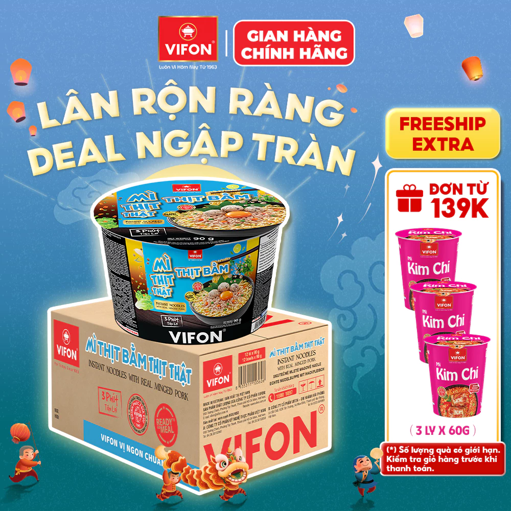 [SALE 50%] Thùng 12 Tô Mì Thịt Thật Thịt Bằm/ Mì Riêu Cua/ Mì Bò Cay 90gr/ Tô, Có Gói Thịt Thật, Tiện Lợi, Đủ Chấ