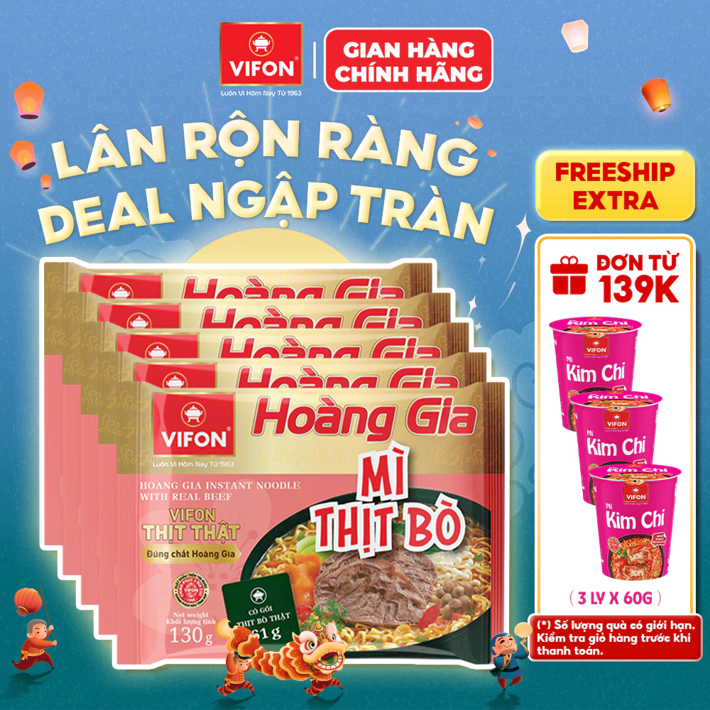 Set 5 gói VIFON Mì Hoàng gia Thịt bằm/Lẩu cua/Thịt bò/Kim chi/Lẩu thái/Hải sản/Hoành thánh/Mì quảng thịt bằm