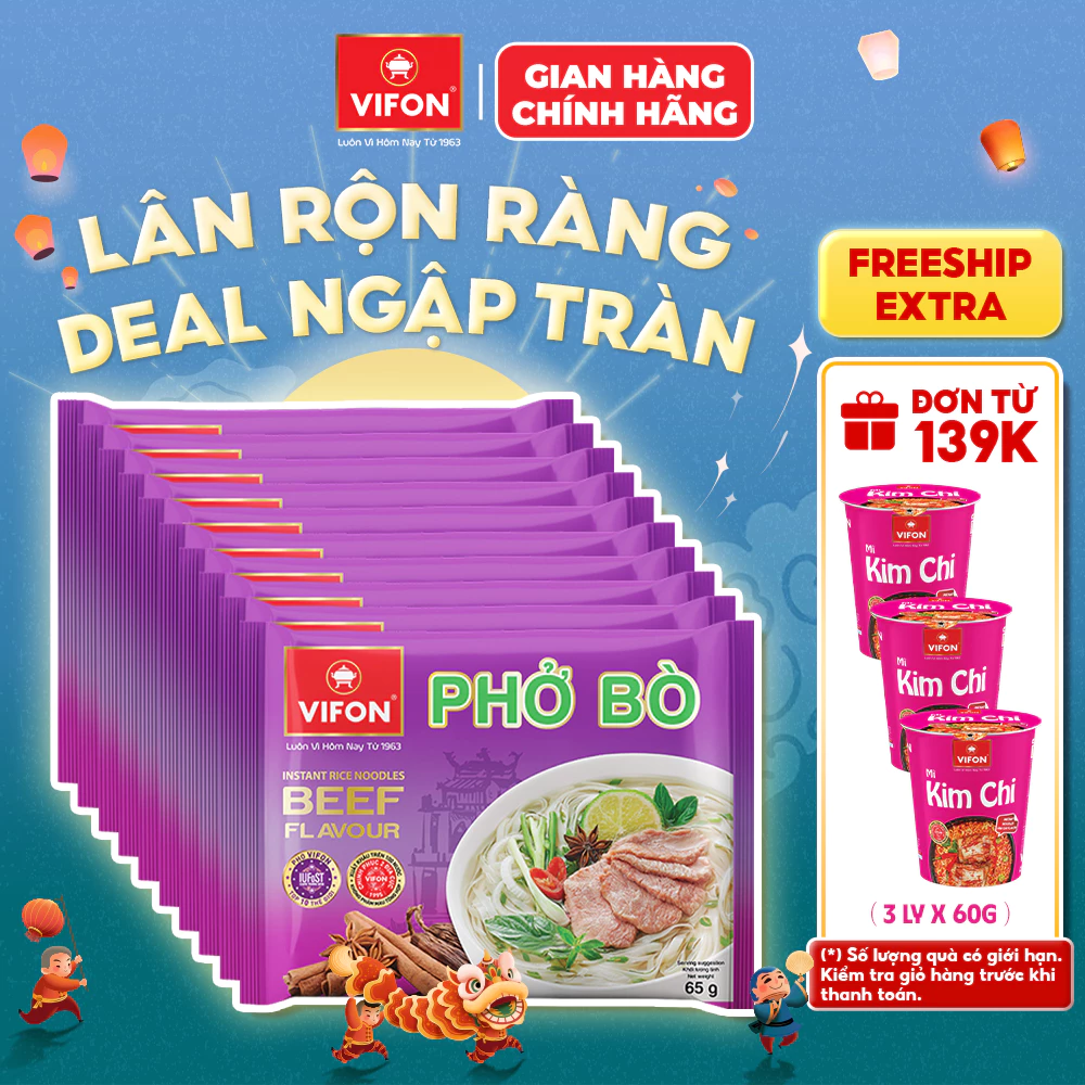 [VOUCHER HOT 10%] Set 10 Gói Phở VIFON 65g Ăn Liền Vị Bò, Gà, Chay, Rau Nấm Sợi Dai Mềm Chuẩn Vị Việt