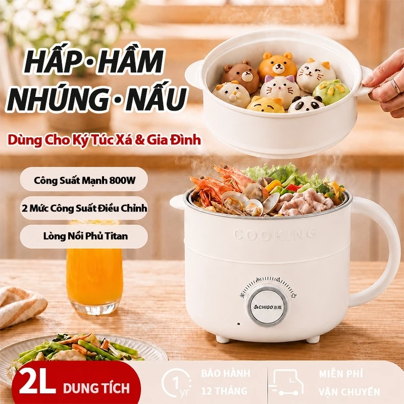 Nồi Lẩu Đa Năng 2L, 3 Mức Nhiệt Độ 600W, Bao Gồm Khay Hấp, Thìa Gỗ, Bảo Hành 12 Tháng