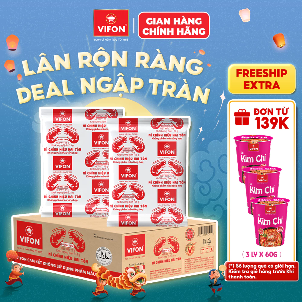 [VOUCHER HOT 10%] Thùng 30 Gói Mì Chính Hiệu Hai Tôm VIFON 75g Vị Sa Tế Huyền Thoại Sợi Dai Giòn