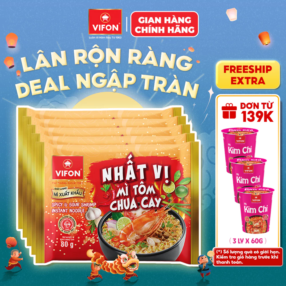 [VOUCHER HOT 10%] Set 5 Gói Mì Nhất Vị Tôm Chua Cay/Trộn Gà Phô Mai Cay VIFON - 80g/Gói