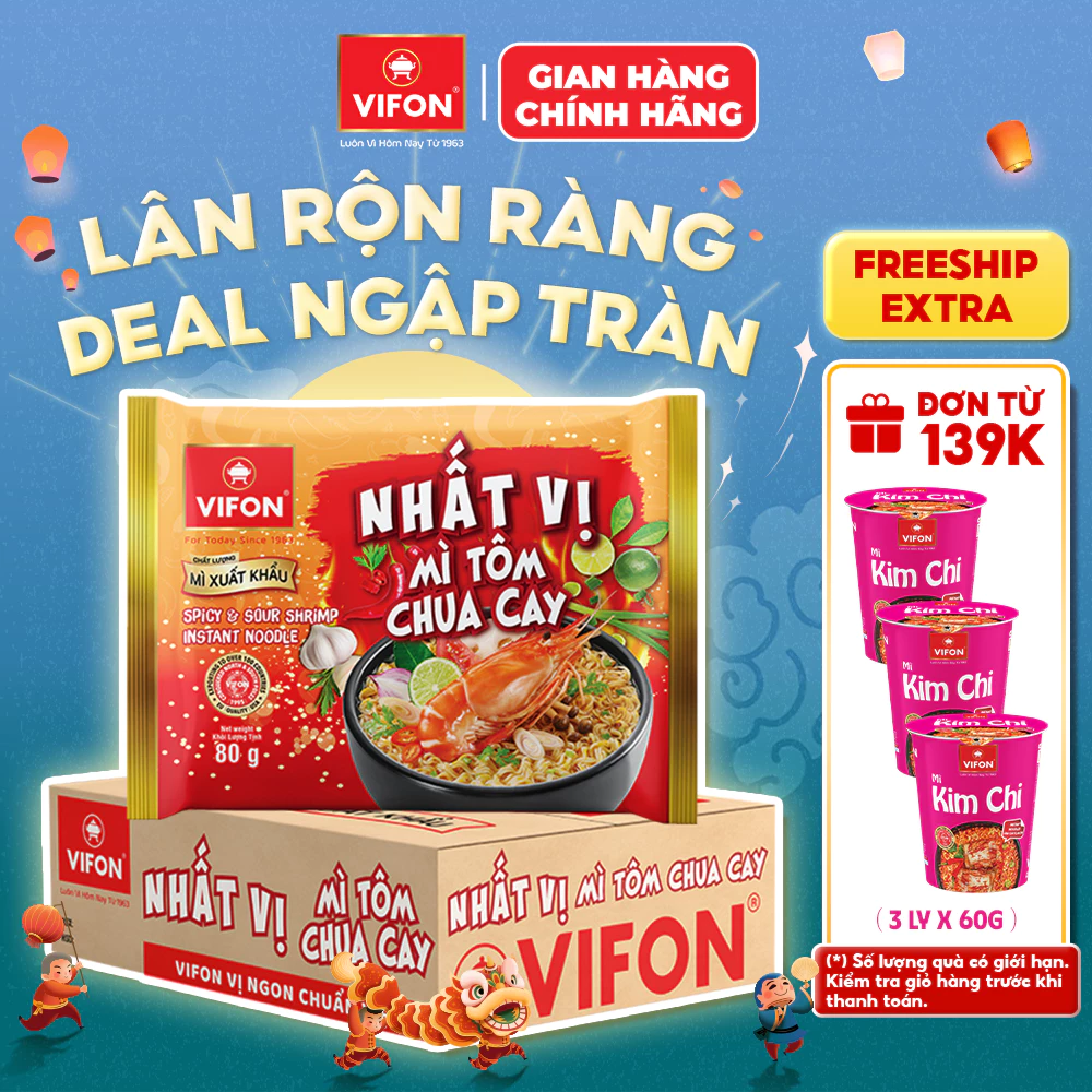 [VOUCHER HOT 10%] Thùng 30 Gói Mì Nhất Vị VIFON 80g Chuẩn Xuất Khẩu Châu Âu (Tôm Chua Cay / Gà Phô Mai)