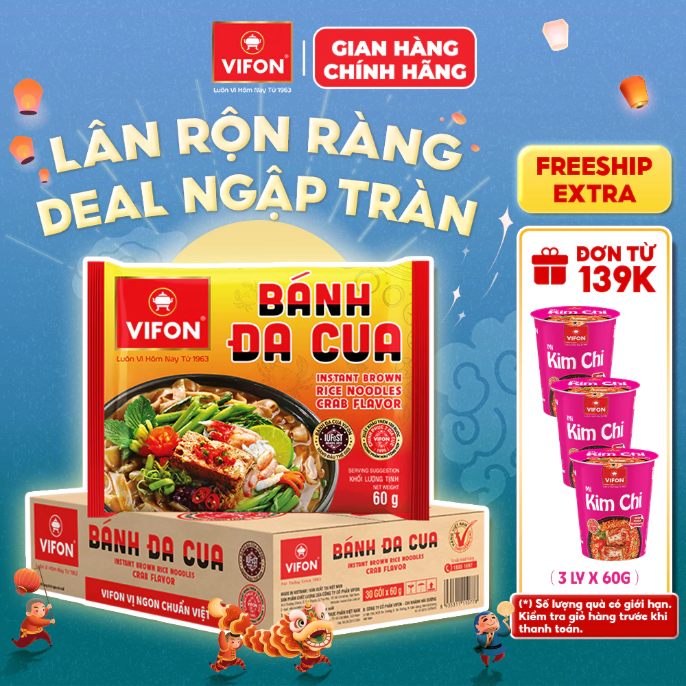 [VOUCHER HOT 10%]Thùng 30 Gói Bánh Đa Cua VIFON 60g Vị Cua Đồng Sợi Dai Đạt Giải Quốc Tế