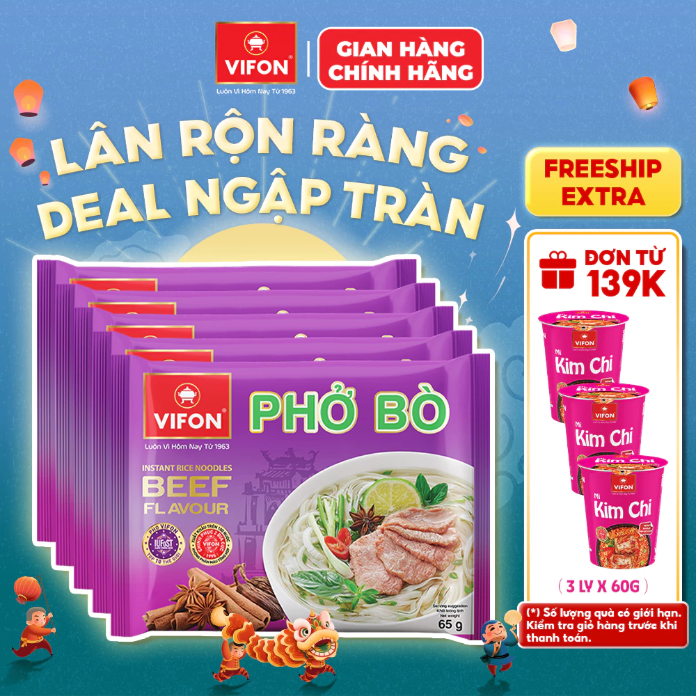 [VOUCHER HOT 10%] Set 5 Gói Phở Vị Bò/Gà/Chay Rau Nấm VIFON - Sợi Dai Mềm, Đậm Đà, 65g/Gói