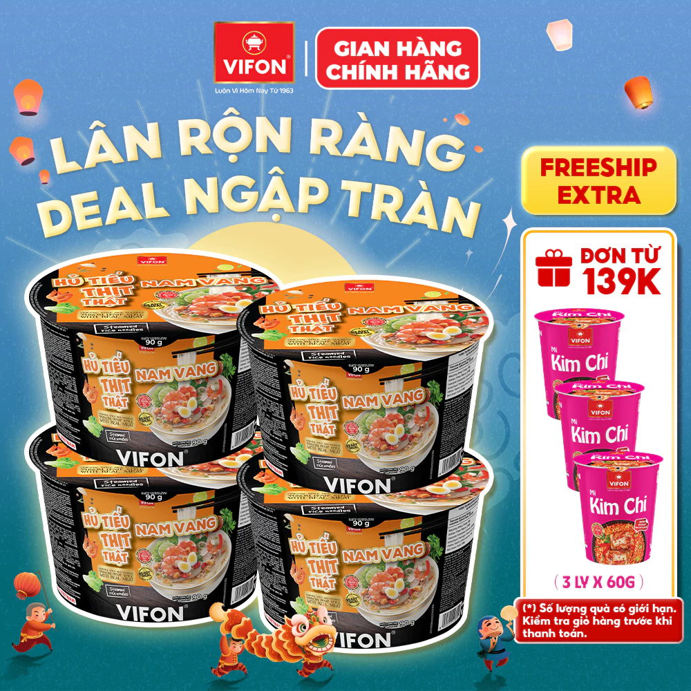 [VOUCHER HOT 10%] Set 4 Tô Hủ Tiếu Thịt Thật Hủ Tiếu Nam Vang/ Hủ Tiếu Sườn Heo VIFON 90gr/tô
