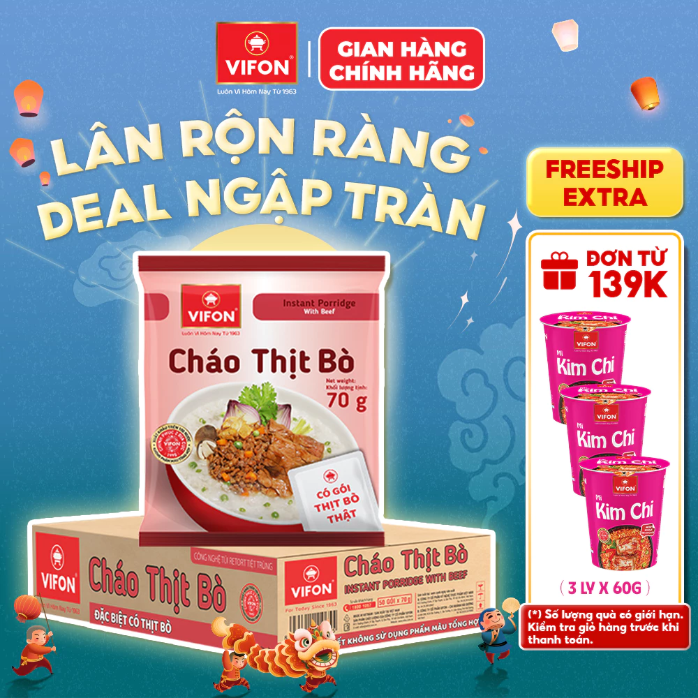 [VOUCHER HOT 10%] Thùng 50 gói Cháo Thịt Bò/ Thịt Bằm/ Sườn/ Trứng Muối/ Nấm Đông Cô VIFON có Gói Thịt Thật  70gr / Gói