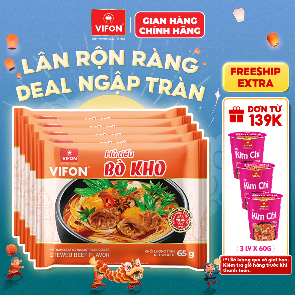 [VOUCHER HOT 10%] Set 5 Gói Hủ Tiếu Bò Kho/Nam Vang/Sườn Heo/Tôm Mực/Chay - 65g/Gói