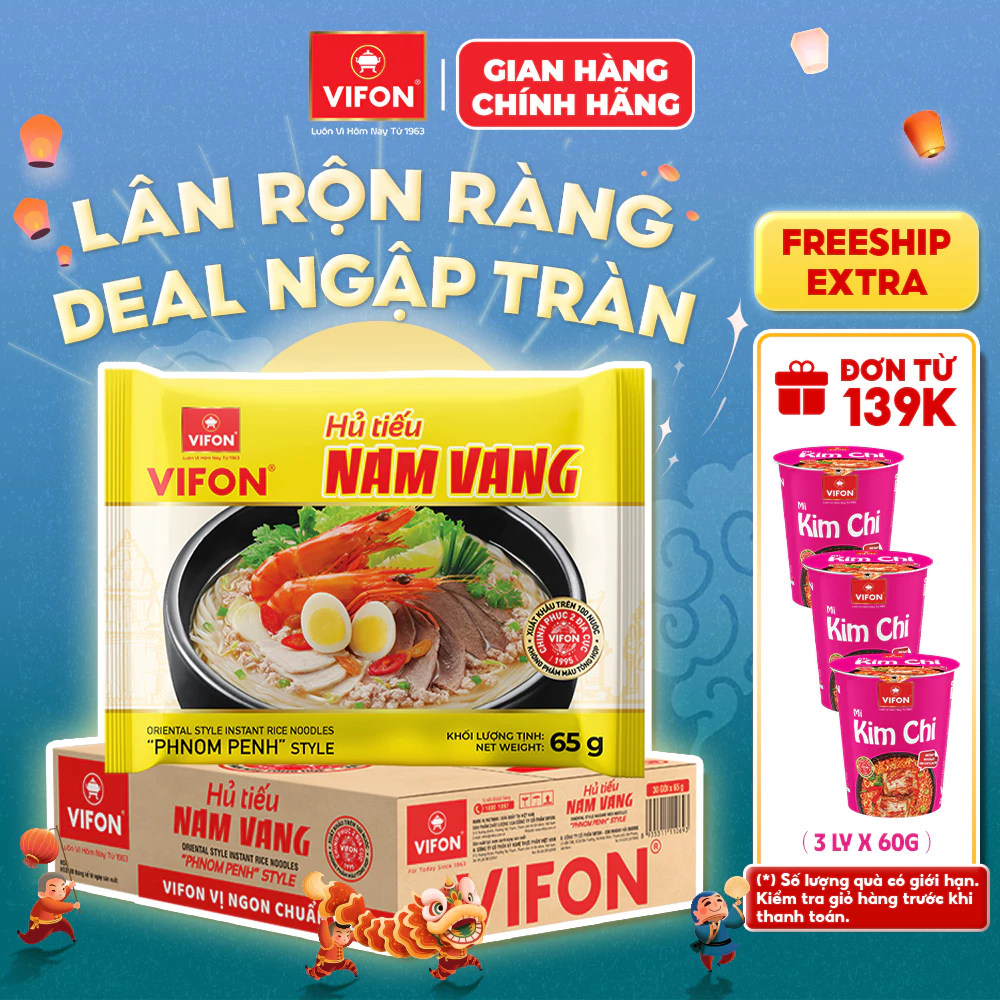[VOUCHER HOT 10%] Thùng 30 Gói Hủ Tiếu Nam Vang VIFON 65g / Gói