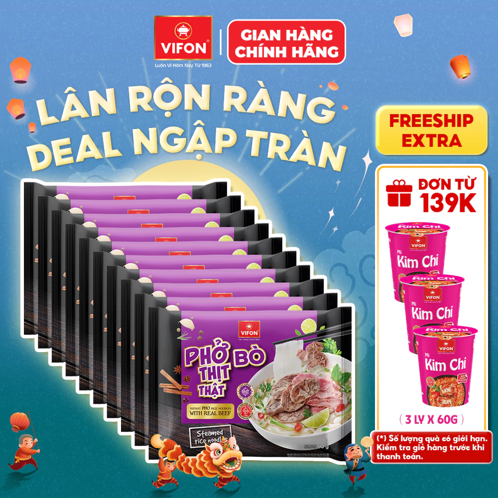 [VOUCHER HOT 10%] Set 10 Gói Phở VIFON Thịt Thật 90g (Vị Bò / Gà) Có Gói Thịt Nguyên Chất 24g Cao Cấp