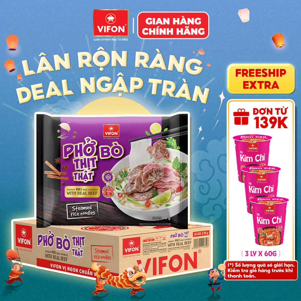 [Deal Sốc 50%] Thùng 20 Gói Phở Thịt Thật VIFON 90g (Vị Bò / Gà) Có Gói Thịt Nguyên Chất 24g Cao Cấp