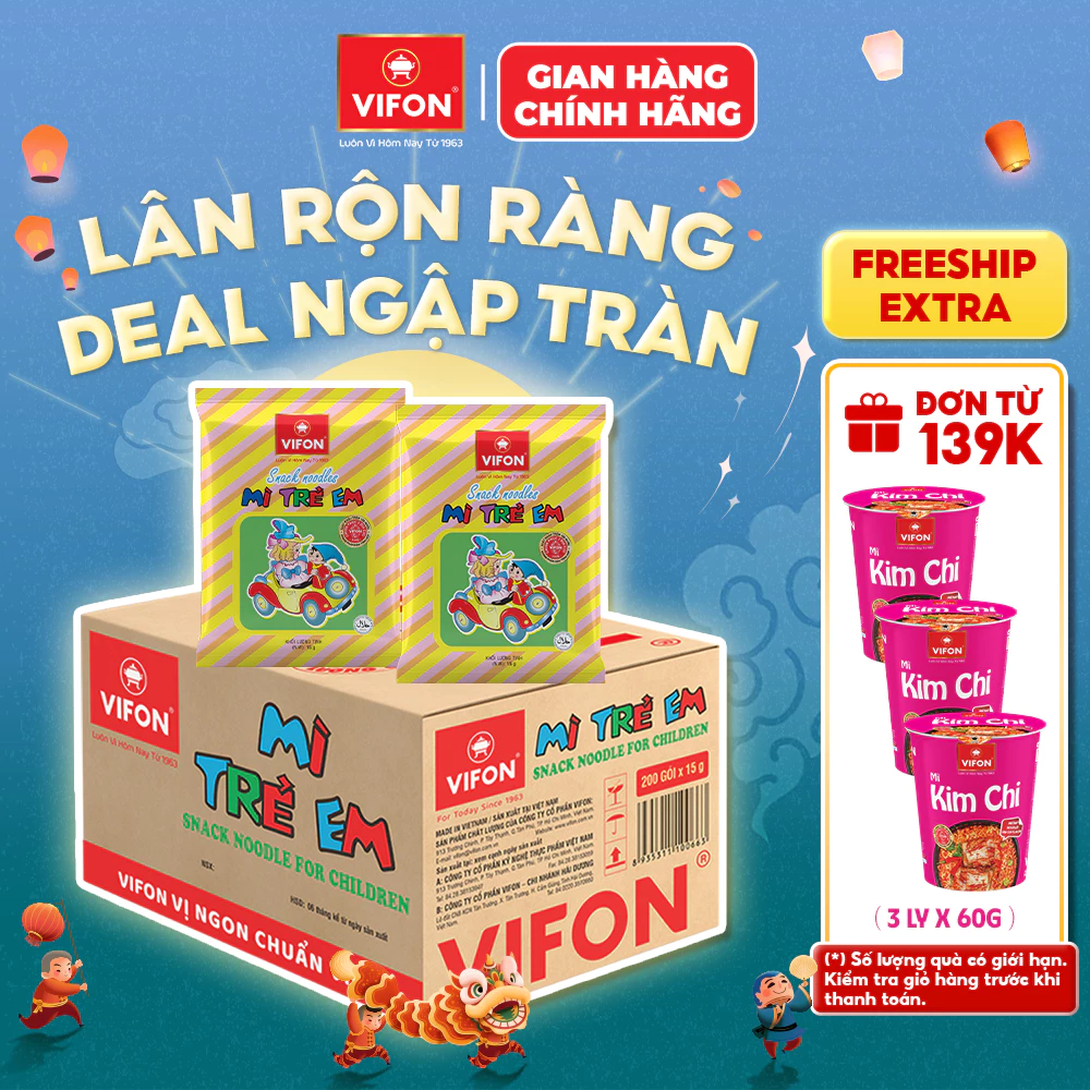 [VOUCHER HOT 10%] Thùng 200 Gói Snack Mì Trẻ Em VIFON 15g Giòn Tan Vị Ngon Tuổi Thơ