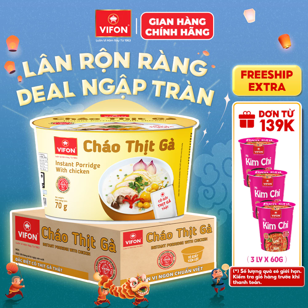 [VOUCHER HOT 10%] Thùng 12 Tô Cháo VIFON 70g Có Gói Thịt Thật Vị Gà,Thịt Bằm Tiện Lợi