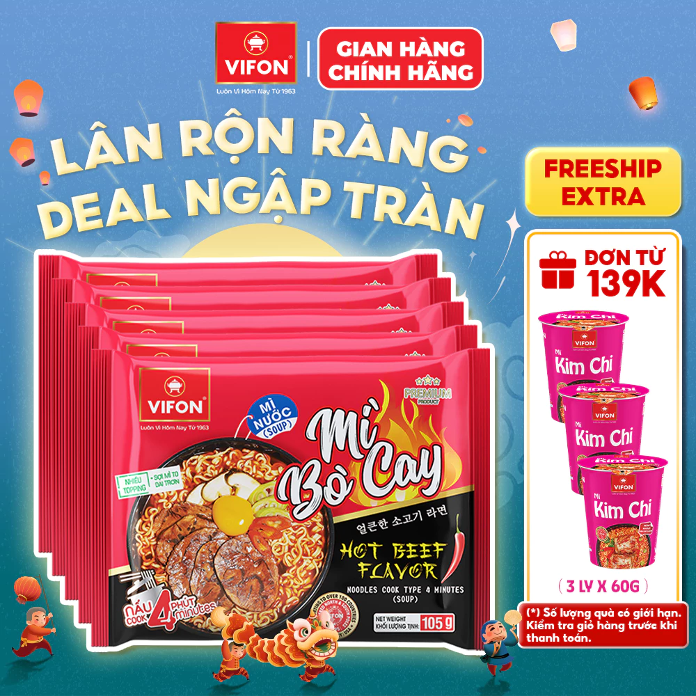 [VOUCHER HOT 10%] Set 5 Gói Mì Nấu Mì Cay Vị Bò/Bò Kim Chi/Trứng Muối/Hải Sản/Trộn Tương Đen 105gr