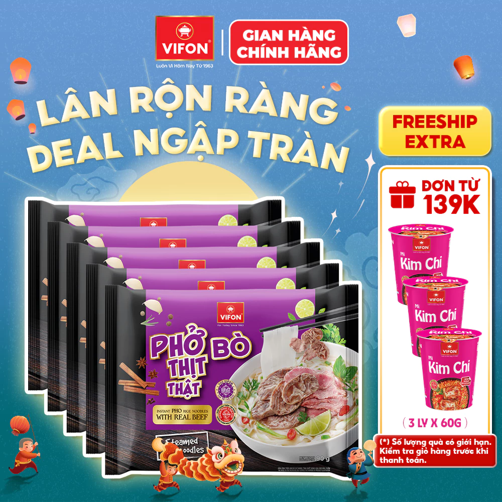 [VOUCHER HOT10%] Set 5 Gói Phở Thịt Thật Bò/Gà VIFON - Sợi Dai Ngon, Đầy Đủ Dinh Dưỡng, 90g/Gói