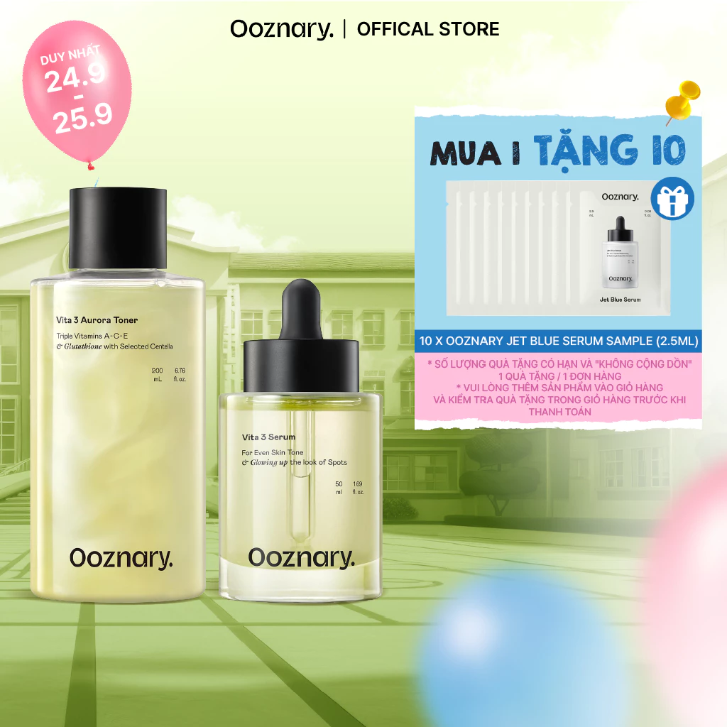 Bộ đôi dưỡng sáng cải thiện sắc tố & dưỡng da rạng rỡ Ooznary Vita 3 Serum 50ml & Ooznary Vita 3 ACE Aurora Toner 200ml