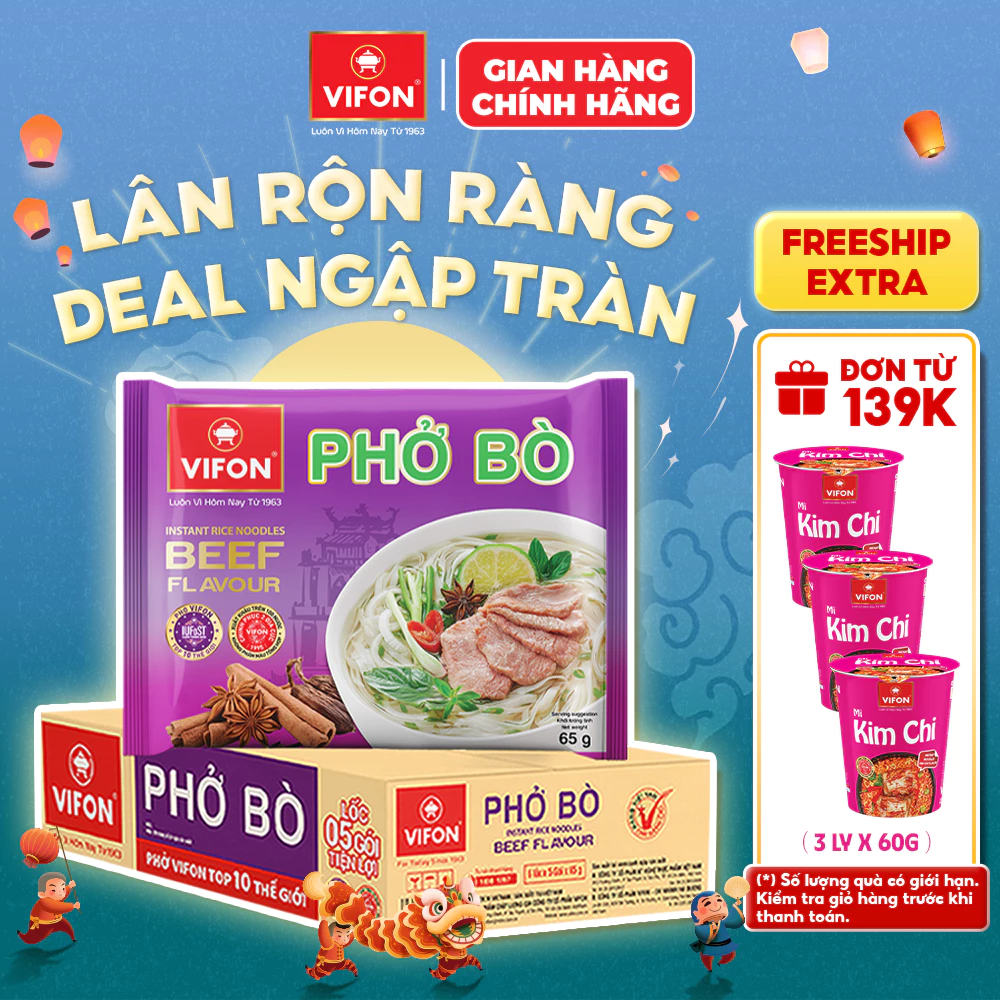 [VOUCHER HOT 10%] Thùng 30 Gói Phở Vifon 65g Ăn Liền Vị Bò/Gà/Chay Sợi Dai Nước Dùng Đậm Đà