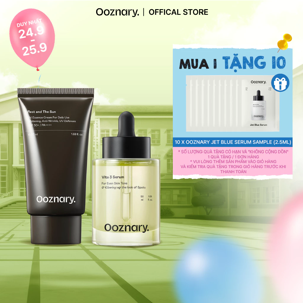 Bộ đôi dưỡng sáng và bảo vệ làn da khỏe mịn rạng rỡ Ooznary Vita 3 Serum 50ml & Ooznary Rest and The Sun 50ml
