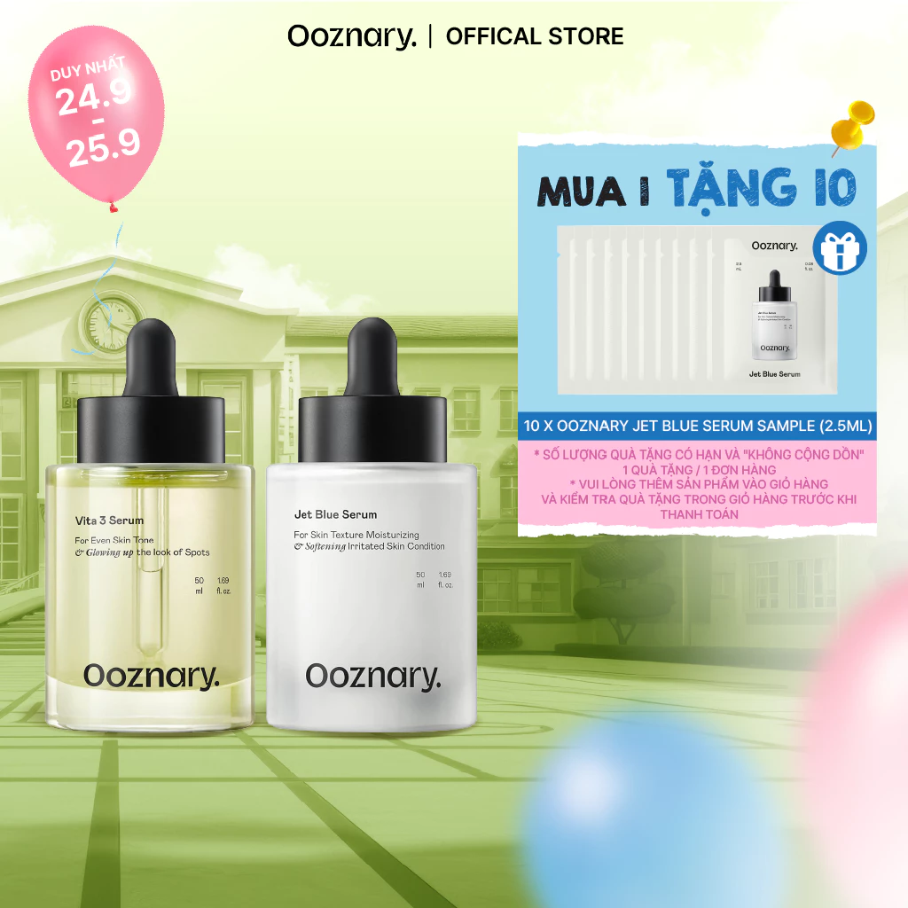 Bộ đôi dưỡng sáng cấp ẩm căng khỏe rạng rỡ Ooznary Vita 3 Serum 50ml & Ooznary Jet Blue Serum 50ml