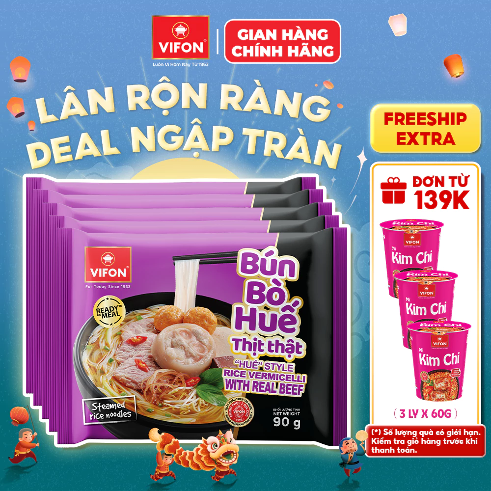 [VOUCHER HOT 10%] Set 5/ Set 10 Gói Bún Thịt Thật Bún Bò Huế/ Bún Sườn Cay VIFON 90gr/gói
