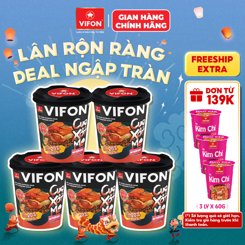 [VOUCHER HOT 10%] Set 5 Ly Mì Trộn VIFON 90g Vị Tôm Cháy Tỏi / Cua Xốt Me Sốt Đậm Đà Có Nắp Chắt Nước