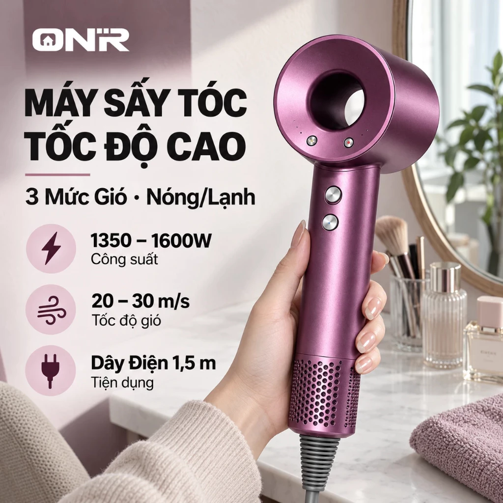 ONR Máy Sấy Tóc 1600W ION Âm Sấy Không Cánh 2 Chiều Nóng Lạnh Công Suất Lớn Tặng Đầu Sấy