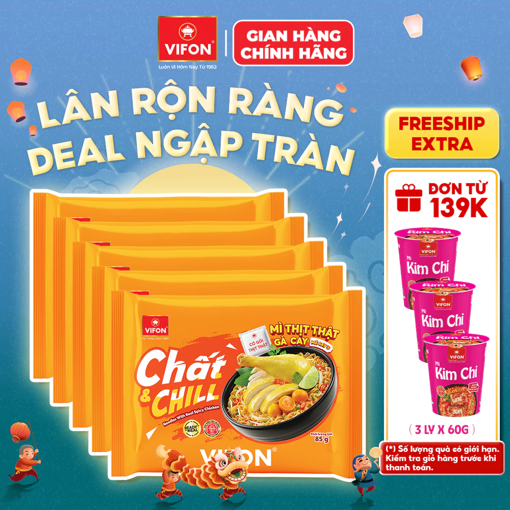[VOUCHER HOT 10%] Set 5/10 Gói Mì Thịt Thật Gà Cay Chất & Chill VIFON 85gr Đậm Vị, Tiện Lợi