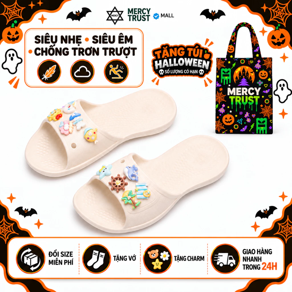 TẶNG Túi HALLOWEEN, Charm Giống Hình, Vớ - MC26- Dép Quai Ngang Nữ MERCY TRUST Charm Sao Biển Vỏ Sò – Đúc Nguyên Khối