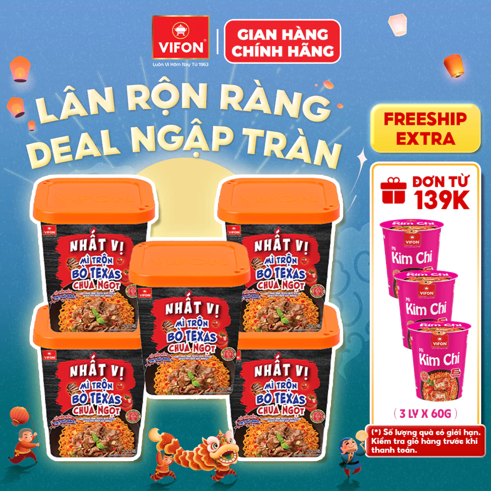 [VOUCHER HOT 10%] Set 5 Ly Mì Trộn Nhất Vị Bò Texas Chua Ngọt/ Cua Xốt Kem VIFON Ly 115g - Sợi Mì Dai Ngon, Đậm Vị