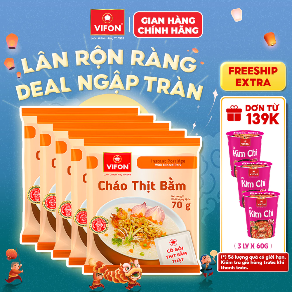 Set 5 Gói Cháo Thịt Gà/Bằm/Cháo Sườn/Nấm Đông Cô/Trứng Muối/Thịt Bò VIFON - Thịt Thật 70g/Gói