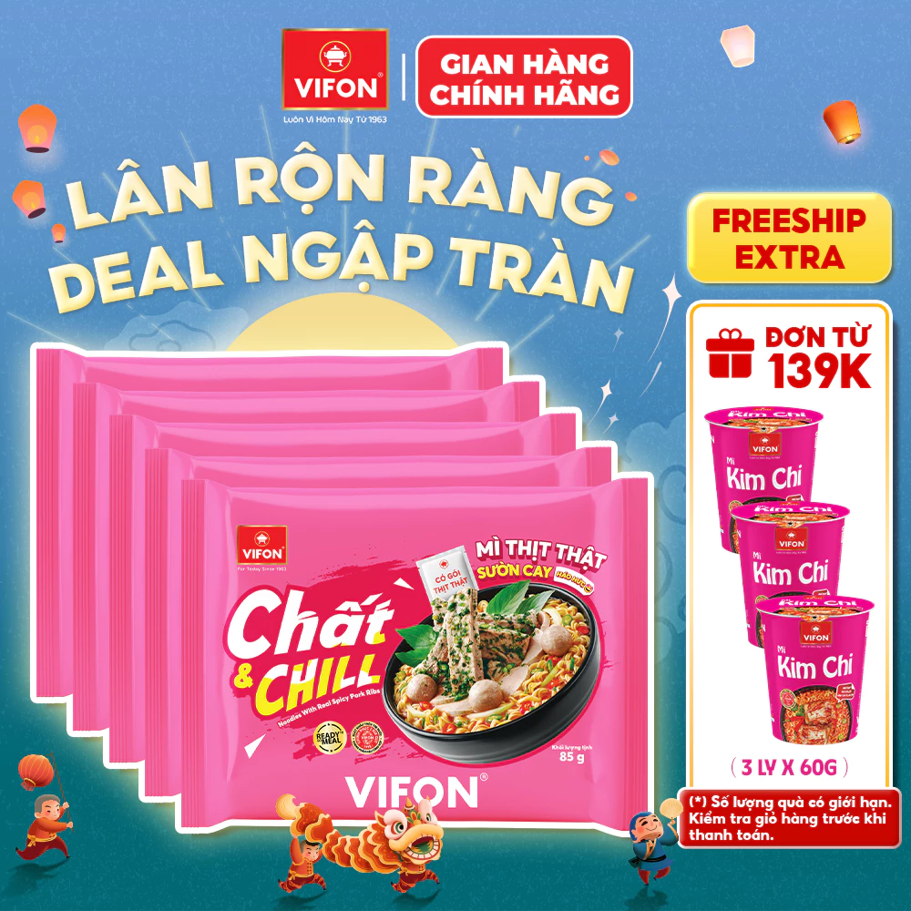 [VOUCHER HOT 10%]  Set 5/10 Gói Mì Thịt Thật Sườn Cay Chất & Chill VIFON 85gr – Ngon Đậm Vị, Sợi Dai
