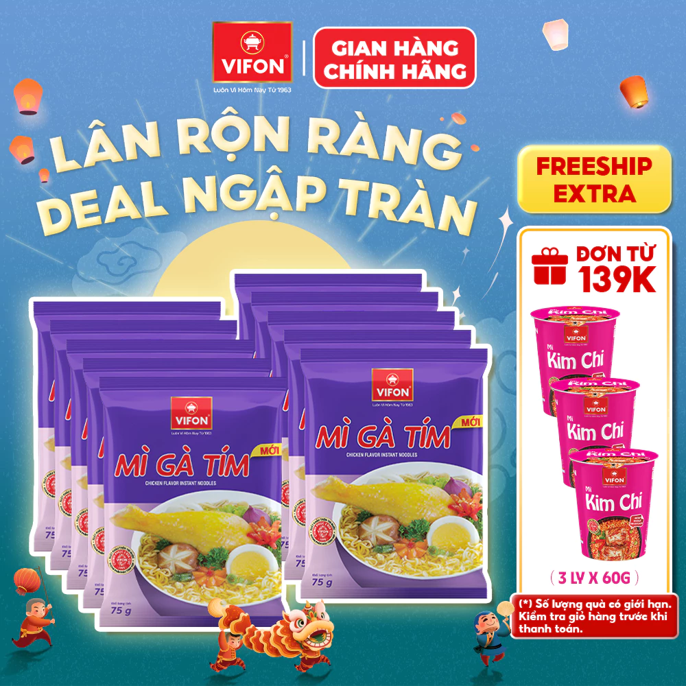 [VOUCHER HOT 10%] Set 10 Gói Mì Gà Tím/Mì Hai Tôm VIFON - Hương Vị Đậm Đà Truyền Thống 75g