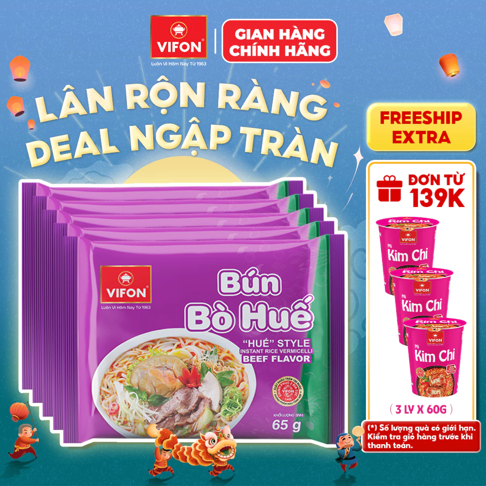 [VOUCHER HOT 10%] Set 5 Gói Bún Bò Huế/Bún Giò Heo/Bún Tôm VIFON - Thơm Ngon Truyền Thống, 65g/Gói