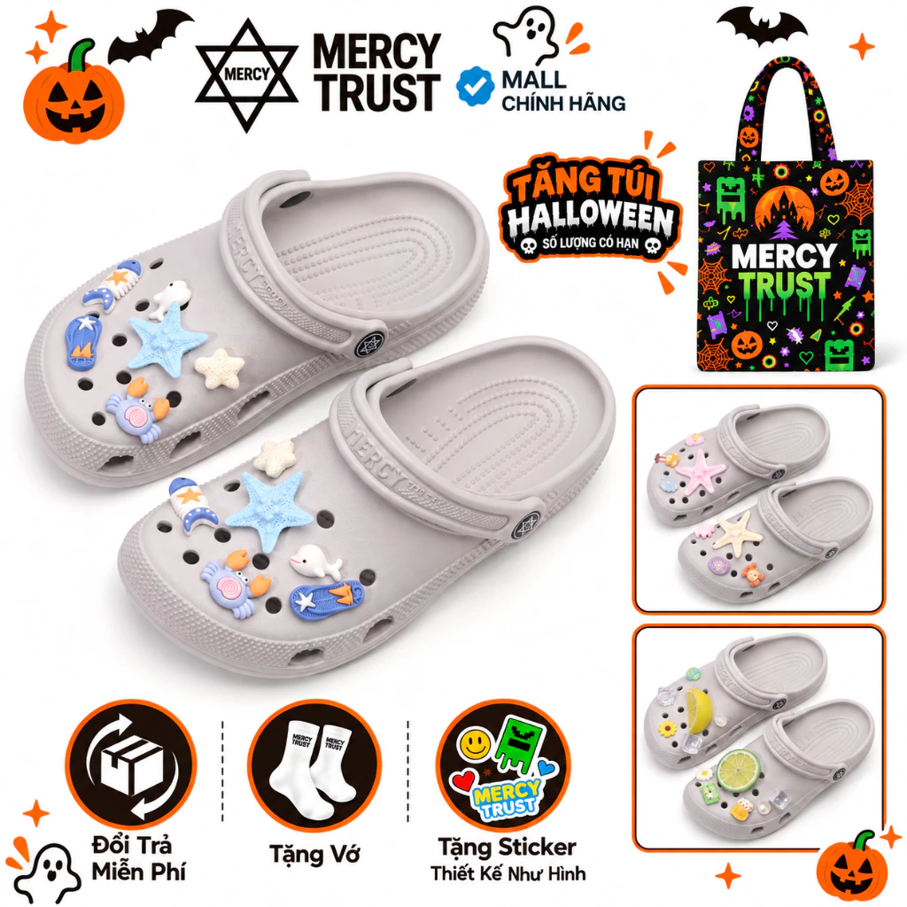 [TẶNG TÚI HALLOWEEN] Kèm Sticker Giống Hình, Vớ - DÉP MERCY TRUST BASIC MC24 XÁM Nam Nữ Cao 3cm Êm Nhẹ