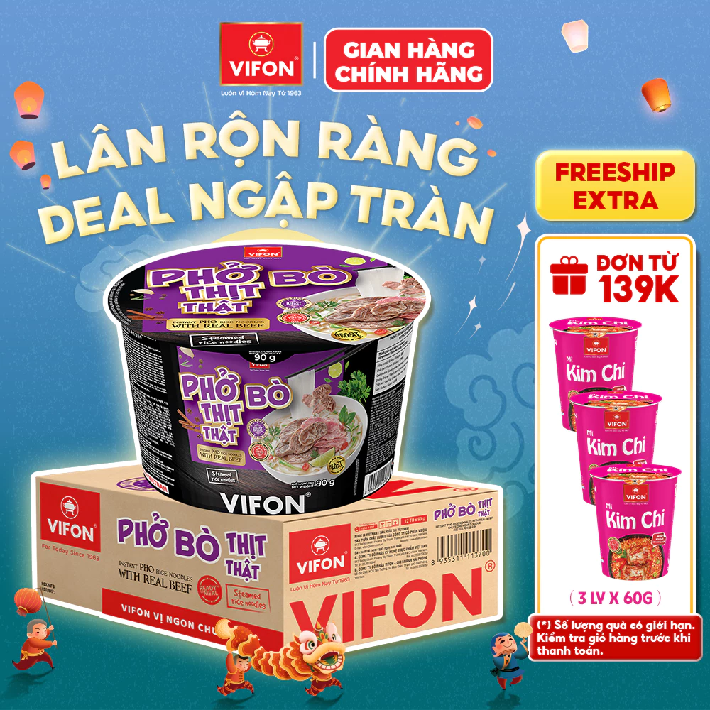 [VOUCHER HOT 10%] Thùng 12 Tô Phở Bò/ Phở Gà Thịt Thật VIFON 90gr Tiện Lợi và Đủ Dinh Dưỡng