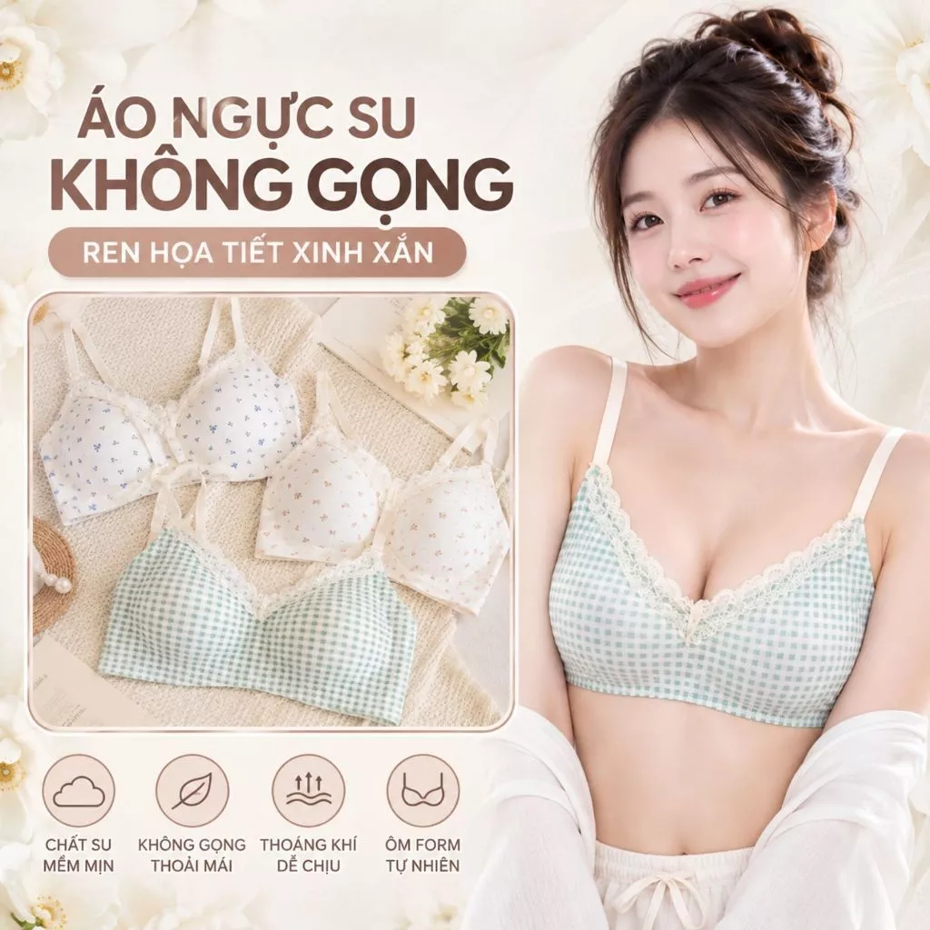 Áo Ngực Nữ Su Thạch In Hoa Nhí Thoáng Khí Không Gọng Không Lộ Viền Đệm Liền Viền Ren AMYBRA A1846