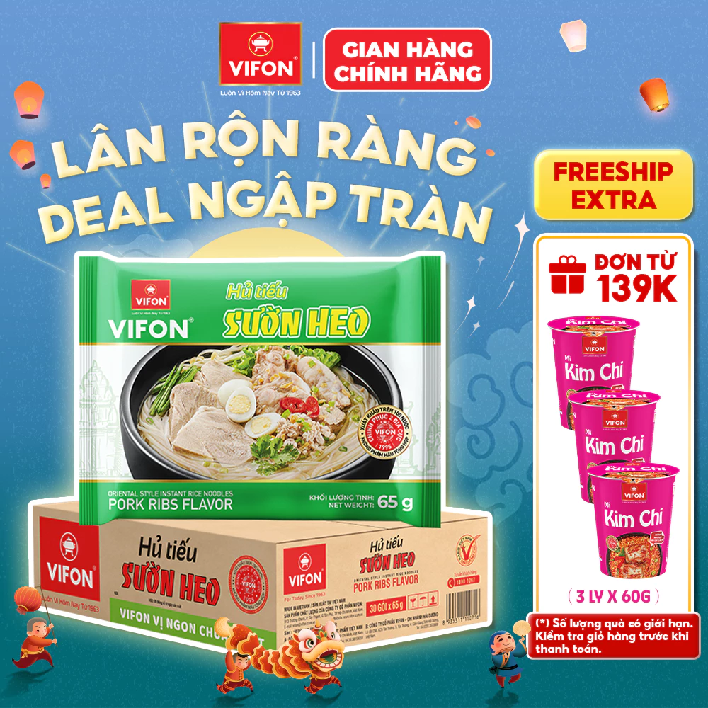 [VOUCHER HOT 10%] Thùng 30 gói Hủ Tiếu Sườn Heo VIFON 65g / Gói
