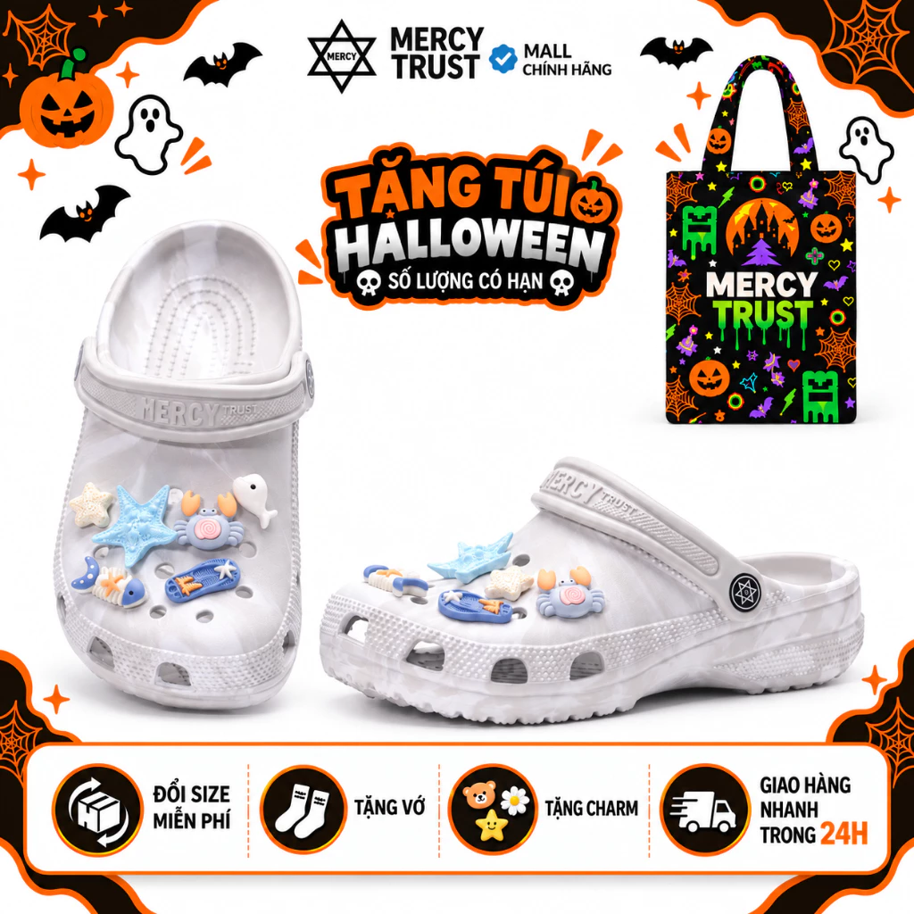 [TẶNG TÚI HALLOWEEN] Kèm Sticker Giống Hình, Vớ - Dép Sục MERCY TRUST BASIC MC32 Nam Nữ Xinh Xắn, Êm Nhẹ, Tôn Dáng