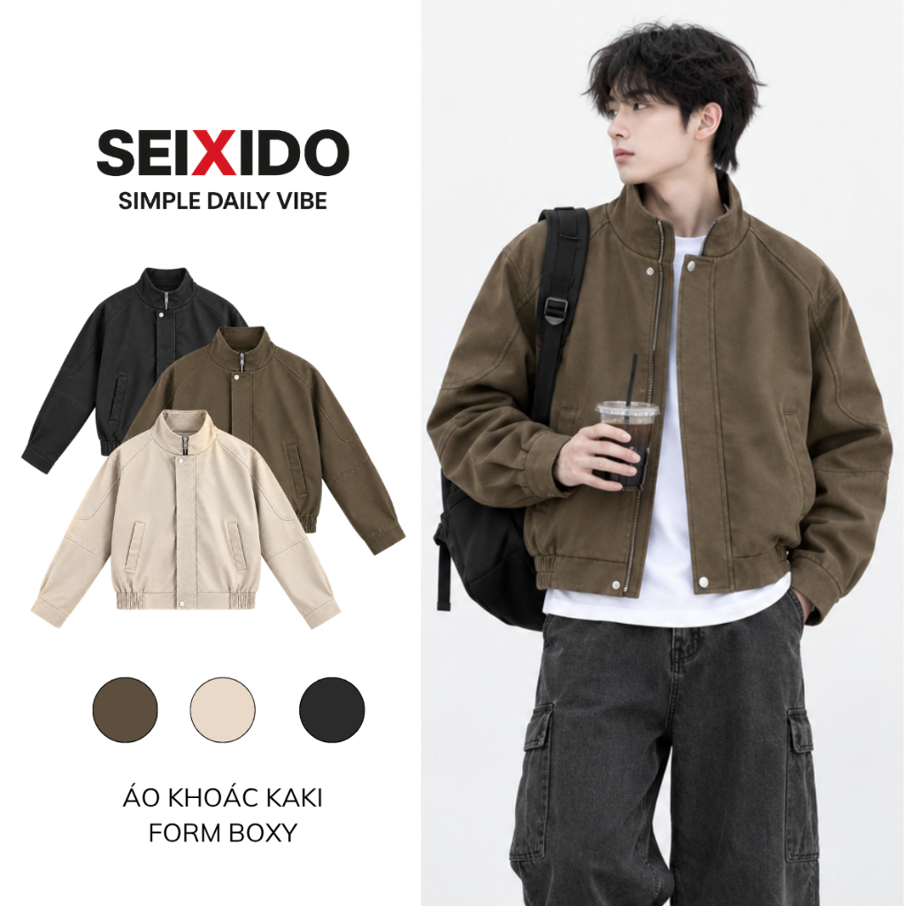 Áo khoác kaki nam boxy Seixido áo kaki bomber cao cấp dài tay cổ bẻ phong cách…
