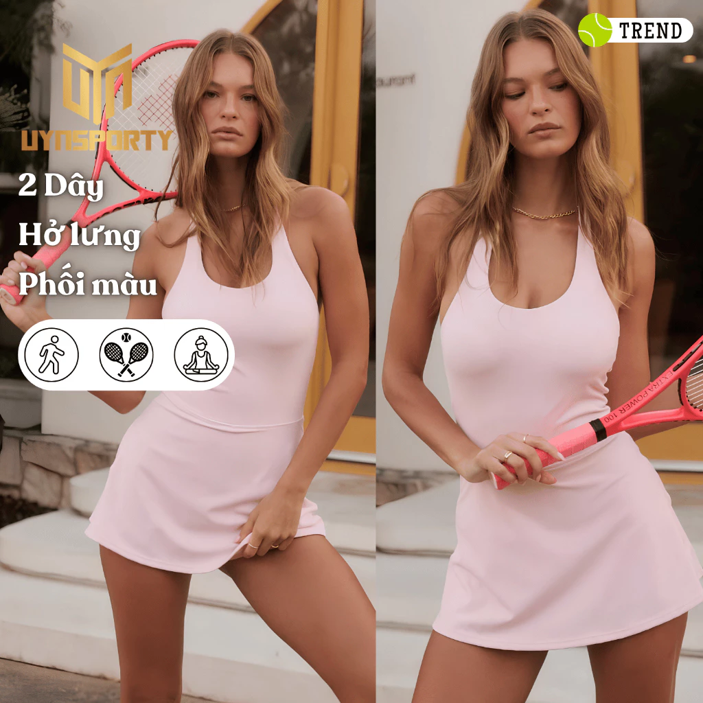 Váy Pickleball Nữ UYNSPORTY Có Quần Trong Chống Lộ, 2 Dây Hở Lưng Phối Màu, Váy Tennis Thể Thao