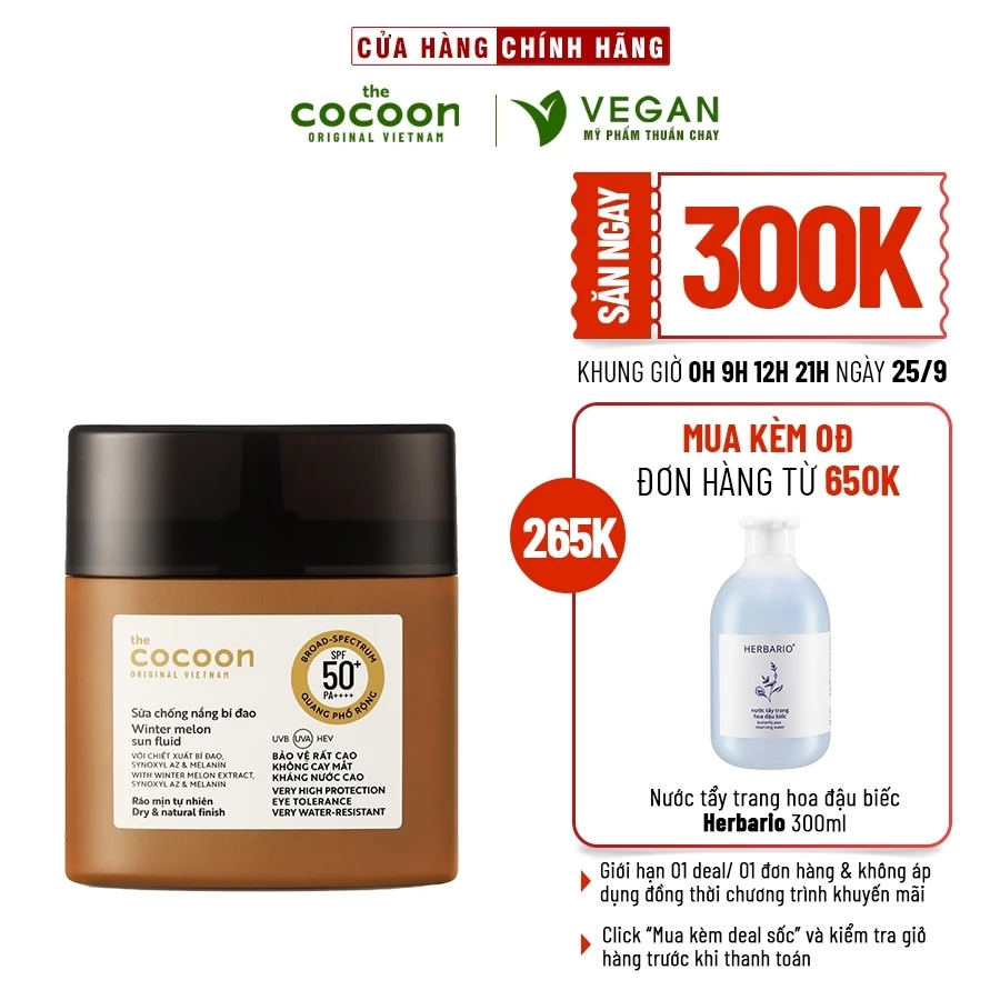 Bigsize - Sữa Kem chống nắng bí đao quang phổ rộng SPF 50 +, PA ++++ Cocoon 50ml mỹ phẩm thuần chay