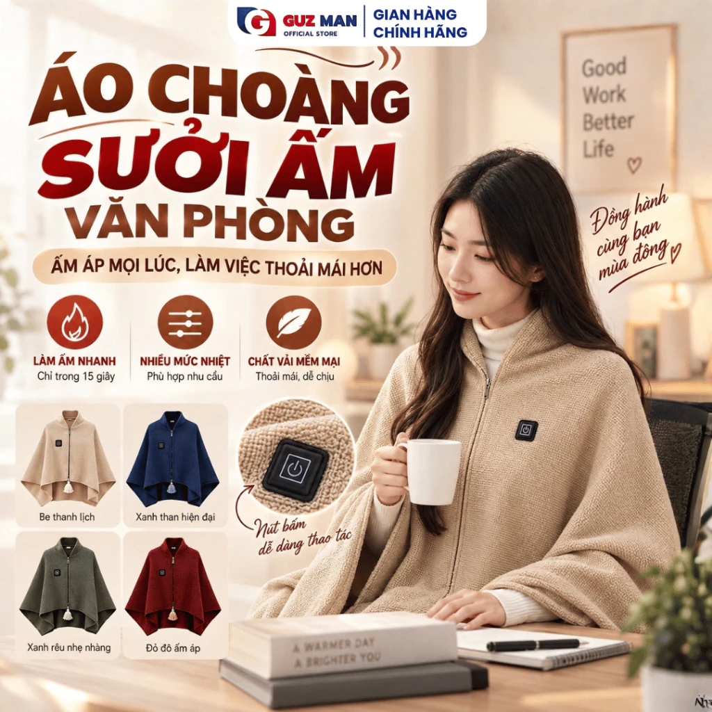 Áo Choàng Sưởi Ấm USB, Chăn Điện Giữ Ấm Đa Năng Nhiều Mức Nhiệt, Mềm Mại Dùng Văn Phòng Mùa Đông