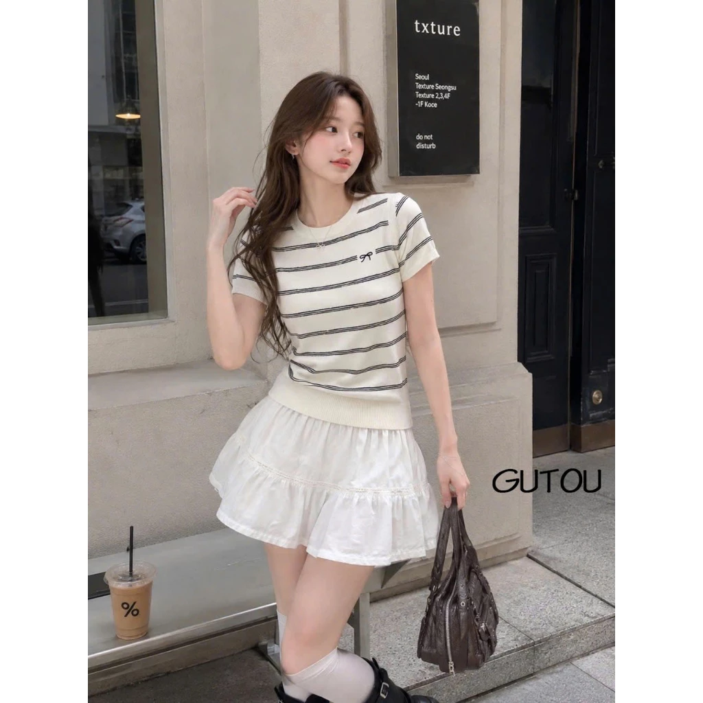 QCCC L1 Áo Len Mongtogi Tay Ngắn Sọc Ngang Họa Tiết Nơ Nhỏ G311