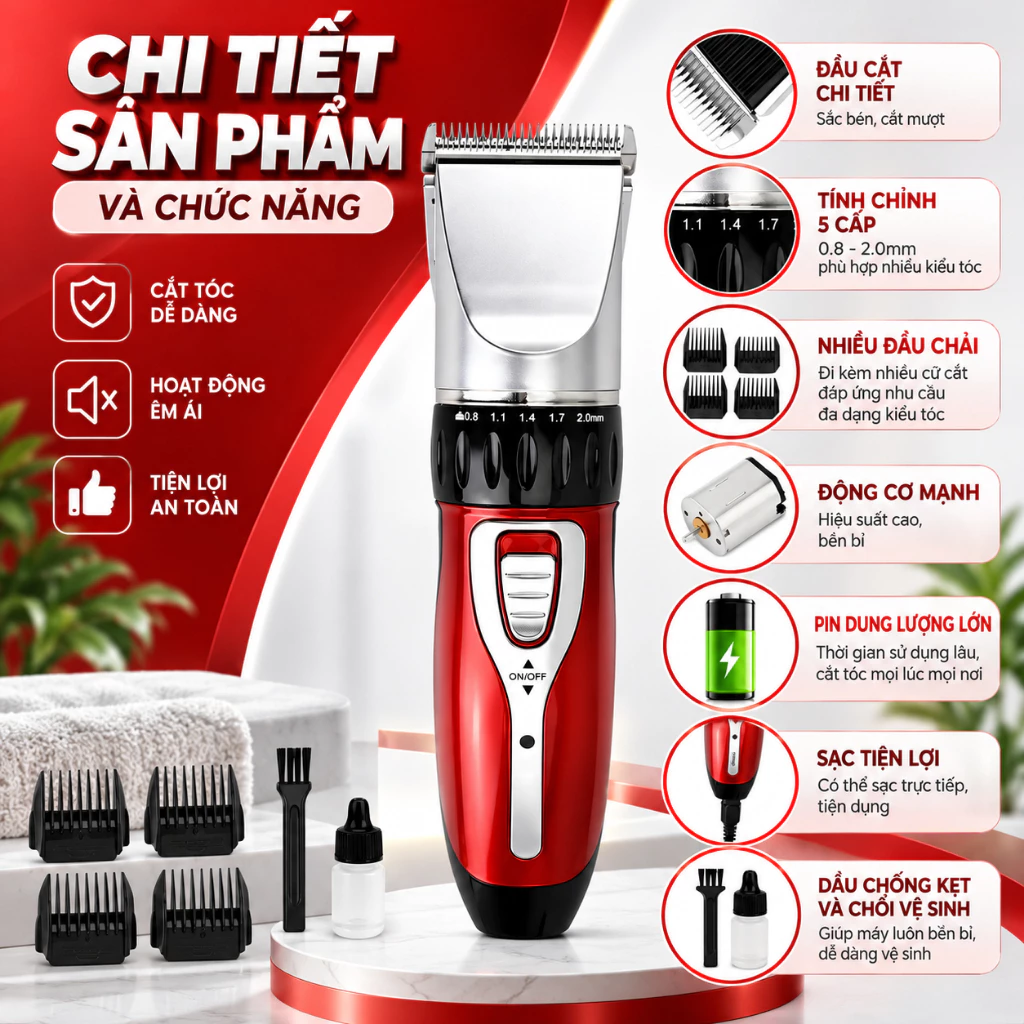Tông Đơ Cắt Tóc, Tỉa Lông Thú Cưng, Máy Hớt Tóc Có Cổng Sạc USB Tặng Kèm Phụ Kiện Tiện Dụng